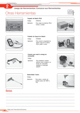 Otras Herramientas
16
Bajaj Auto International Business
2 Juego de Herramientas: Conozca sus Herramientas
Cargador de Batería VRLA
Código : 37004162
Aplicación: Para cargar las baterías VRLA
nuevas y usadas.
Probador de Carga de la Batería
Código : 37204020
Aplicación: Para revisar la capacidad de
retener carga de la batería
VRLA usada o nueva.
Conector para medir la entrega de
combustible
Código :
Aplicación: Para establecer contacto
eléctrico entre la batería y la
bomba de combustible
mediante un interruptor
ON/OFF.
Destornillador Tuskun
Código :
Aplicación: Para retirar y colocar los
tornillos tuskun del TMAP y
TPS.
Notas
 