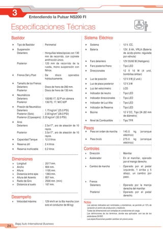 3 Entendiendo la Pulsar NS200 FI
Bastidor
24
Bajaj Auto International Business
Sistema Eléctrico
Especificaciones Técnicas
4 Tipo de Bastidor : Perimetral
4 Suspensión
Delantero : Horquillas telescópicas con 130
mm de recorrido, con cojinete
antifricción único.
Posterior : 120 mm de recorrido de la
rueda, mono suspensión con
Nitrox.
4 Frenos Del y Post : De disco operados
hidráulicamente.
4 Tamaño de los Frenos:
Delantero : Disco de freno de 280 mm.
Posterior : Disco de freno de 130 mm.
4 Neumáticos :
Delantero : 100/80 17, 52 P sin cámara
Posterior : 130/70, 17, M/C 62P
4 Presión de Neumático:
2
Delantero : 1.75 kg/cm (25.0 PSI)
2
Posterior (Solo) : 2.00 kg/cm (28.0 PSI)
2
Posterior (C/pasajero): 2.25 kg/cm (32.0 PSI)
4 Aros
Delantero : 2.5x17", aro de aleación de 10
rayos.
Posterior : 3.5x17", aro de aleación de 10
rayos.
4 Capacidad Tanque : 12.0 litros
4 Reserva útil : 2.4 litros
4 Reserva inutilizable : 0.2 litros
4 Sistema : 12 V. CC.
4 Batería : 12V, 8 Ah, VRLA (Batería
de ácido-plomo regulada
por válvula)
4 Faro delantero : 12V 55/60 W (Halógeno)
4 Faro posterior/freno : Tipo LED
4 Direccionales : 12 V 10 W (4 und,
bombillas ámbar)
4 Luz de posición : 12 V 3 W (2 und.)
4 Luz de placa posterior : 12 V 3 W
4 Luz del velocímetro : LCD
4 Indicador de neutro : Tipo LED
4 Indicador direccionales : Tipo LED
4 Indicador de Luz Alta : Tipo LED
4 Indicador de Reserva : Tipo LED
4 Bocina : 12 V CC, Tipo 2A (82 mm
de diámetro)
4 Nivel de Combustible : Tipo TFR
4 Longitud : 2017 mm.
4 Ancho : 804 mm.
4 Altura : 1195 mm.
4 Distancia entre ejes : 1363 mm.
4 Altura del Asiento : 807 mm.
4 Radio de Giro : 2500 mm. (mín)
4 Distancia al suelo : 167 mm.
Dimensiones
4 Velocidad máxima : 129 km/h en la 6ta marcha (con
solo el conductor de 68 kg)
Desempeño
Pesos
4 Peso en orden de marcha : 145.0 kg (arranque
eléctrico)
4 Peso bruto : 275.0 kg (arranque
eléctrico)
Controles
4 Dirección : Manillar
4 Acelerador : En el manillar, operado
por el mango derecho.
4 Cambio de marcha : Operado por el pedal
izquierdo, 1 arriba y 5
abajo, un cambio por
paso.
4 Frenos
Delantero : Operado por la manija
derecha del manillar
Posterior : Operado por el pedal
derecho.
Los valores indicados son nominales y orientativos, se permite un 15% de
variación al centro de producción y medición.
Todas las dimensiones son tomadas en condiciones sin carga.
Las definiciones de los términos, donde sea aplicable. son las de los
estándares SI/ISO.
Las especificaciones pueden cambiar sin previo aviso.
Notas
 