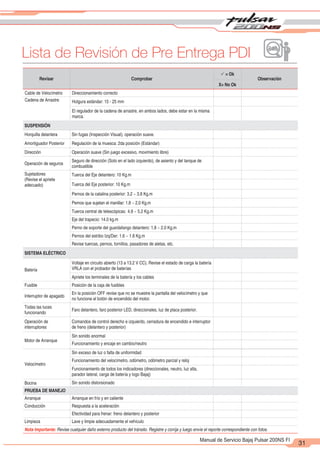 2
1
31
Manual de Servicio Bajaj Pulsar 200NS FI
Lista de Revisión de Pre Entrega PDI
Revisar Comprobar
P = Ok
Observación
X= No Ok
Cable de Velocímetro Direccionamiento correcto
Cadena de Arrastre Holgura estándar: 15 - 25 mm
El regulador de la cadena de arrastre, en ambos lados, debe estar en la misma
marca.
SUSPENSIÓN
Horquilla delantera Sin fugas (Inspección Visual), operación suave.
Amortiguador Posterior Regulación de la muesca: 2da posición (Estándar)
Dirección Operación suave (Sin juego excesivo, movimiento libre)
Operación de seguros
Seguro de dirección (Solo en el lado izquierdo), de asiento y del tanque de
combustible
Sujetadores
(Revise el apriete
adecuado)
Tuerca del Eje delantero: 10 Kg.m
Tuerca del Eje posterior: 10 Kg.m
Pernos de la catalina posterior: 3.2 ~ 3.8 Kg.m
Pernos que sujetan el manillar: 1.8 ~ 2.0 Kg.m
Tuerca central de telescópicas: 4.8 ~ 5.2 Kg.m
Eje del trapecio: 14.0 kg.m
Perno de soporte del guardafango delantero: 1.8 ~ 2.0 Kg.m
Pernos del estribo Izq/Der: 1.6 ~ 1.8 Kg.m
Revise tuercas, pernos, tornillos, pasadores de aletas, etc.
SISTEMA ELÉCTRICO
Batería
Voltaje en circuito abierto (13 a 13.2 V CC). Revise el estado de carga la batería
VRLA con el probador de baterías
Apriete los terminales de la batería y los cables
Fusible Posición de la caja de fusibles
Interruptor de apagado
En la posición OFF revise que no se muestre la pantalla del velocímetro y que
no funcione el botón de encendido del motor.
Todas las luces
funcionando
Faro delantero, faro posterior LED, direccionales, luz de placa posterior.
Operación de
interruptores
Comandos de control derecho e izquierdo, cerradura de encendido e interruptor
de freno (delantero y posterior)
Motor de Arranque
Sin sonido anormal
Funcionamiento y encaje en cambio/neutro
Velocímetro
Sin exceso de luz o falta de uniformidad
Funcionamiento del velocímetro, odómetro, odómetro parcial y reloj
Funcionamiento de todos los indicadores (direccionales, neutro, luz alta,
parador lateral, carga de batería y logo Bajaj)
Bocina Sin sonido distorsionado
PRUEBA DE MANEJO
Arranque Arranque en frío y en caliente
Conducción Respuesta a la aceleración
Efectividad para frenar: freno delantero y posterior
Limpieza Lave y limpie adecuadamente el vehículo
Nota Importante: Revise cualquier daño externo producto del tránsito. Registre y corrija y luego envíe el reporte correspondiente con fotos.
 