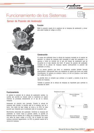 2
1
57
Manual de Servicio Bajaj Pulsar 200NS FI
Funcionamiento de los Sistemas
Sensor de Posición del Acelerador
Función
Medir la posición exacta de la apertura de la mariposa de aceleración y enviar
esta señal medida en voltaje a la ECU.
Construcción
El cuerpo del acelerador tiene la válvula de mariposa montada en el colector de
admisión. La válvula de mariposa está conectada al cable del acelerador y su
apertura y cierre se controla con el giro del mango de aceleración que se
encuentra en el lado derecho del timón. El sensor de posición del acelerador
montado en la válvula de mariposa reporta continuamente la posición del
acelerador a la ECU.
Es un sensor giratorio que tiene un resistencia variable también llamada
potenciómetro. Internamente tiene una resistencia en espiral que forma una media
circunferencia. Un extremo se conecta a tierra y el otro se conecta a una fuente
de 5 voltios de la ECU.
La plumilla tiene un contacto que conduce a la espiral y conecta al eje de la
válvula de mariposa.
También la posición de la válvula de mariposa es importante para controlar la
velocidad de ralentí.
Resistencia en espiral
Válvula de Mariposa
Cerrada
Pivote
Plumilla
Válvula de Mariposa
Totalmente Abierta
Voltaje
de Salida
a la ECU
5 Voltios
desde la
ECU
Funcionamiento
Al acelerar la posición de la válvula de aceleración cambia. La
cuchilla tipo plumilla se moverá sobre la resistencia en espiral
mientras es pivoteada directamente en el eje de la válvula
mariposa.
Acelerador en posición cero (cerrado). Cuando la válvula de
mariposa está cerrada, la plumilla está en el extremo que da a
tierra. Una señal de bajo voltaje se envía a la ECU en esta
posición que interpreta que el acelerador está en la posición cero.
Movimientos adicionales del acelerador. Conforme la mariposa del
acelerador se mueve hacia la posición abierto, la plumilla se
balancea hacia el extremo de 5 voltios de la resistencia. Esto envía
una señal de mayor voltaje a la ECU. Así la tensión de carga
continua comunica regularmente a la ECU la posición exacta de la
válvula de mariposa.
 