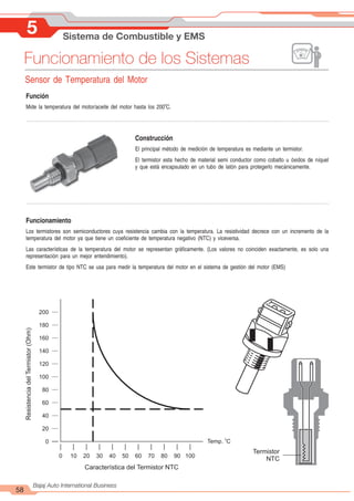5 Sistema de Combustible y EMS
58
Bajaj Auto International Business
Funcionamiento de los Sistemas
Sensor de Temperatura del Motor
Función
0
Mide la temperatura del motor/aceite del motor hasta los 200 C.
Construcción
El principal método de medición de temperatura es mediante un termistor.
El termistor esta hecho de material semi conductor como cobalto u óxidos de níquel
y que está encapsulado en un tubo de latón para protegerlo mecánicamente.
Funcionamiento
Los termistores son semiconductores cuya resistencia cambia con la temperatura. La resistividad decrece con un incremento de la
temperatura del motor ya que tiene un coeficiente de temperatura negativo (NTC) y viceversa.
Las características de la temperatura del motor se representan gráficamente. (Los valores no coinciden exactamente, es solo una
representación para un mejor entendimiento).
Este termistor de tipo NTC se usa para medir la temperatura del motor en el sistema de gestión del motor (EMS)
200
180
160
140
120
100
80
60
40
20
0
0 10 20 30 40 50 60 70 80 90 100
0
Temp. C
Resistencia
del
Termistor
(Ohm)
Característica del Termistor NTC
Termistor
NTC
 