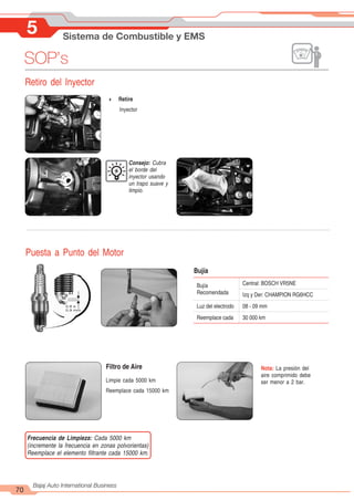 5 Sistema de Combustible y EMS
70
Bajaj Auto International Business
SOP’s
Retiro del Inyector
4 Retire
Inyector
Consejo: Cubra
el borde del
inyector usando
un trapo suave y
limpio.
Puesta a Punto del Motor
0.8 a
0.9 mm
Bujía
Recomendada
Central: BOSCH VR5NE
Izq y Der: CHAMPION RG6HCC
Luz del electrodo 08 - 09 mm
Reemplace cada 30 000 km
Bujía
Filtro de Aire
Limpie cada 5000 km
Reemplace cada 15000 km
Nota: La presión del
aire comprimido debe
ser menor a 2 bar.
Frecuencia de Limpieza: Cada 5000 km
(incremente la frecuencia en zonas polvorientas)
Reemplace el elemento filtrante cada 15000 km.
 