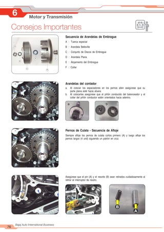 76
Bajaj Auto International Business
Secuencia de Arandelas de Embrague
A : Tuerca especial
B : Arandela Belleville
C : Conjunto de Discos de Embrague
D : Arandela Plana
E : Alojamiento del Embrague
F : Collar
F
E
D
C
A
B
Arandelas del contador
a. Al colocar los espaciadores en los pernos allen asegúrese que su
parte plana esté hacia afuera.
b. Al colocarlas asegúrese que el piñón conducido del balanceador y el
collar del piñón conductor estén orientados hacia adentro.
Asegúrese que el pin (A) y el resorte (B) sean retirados cuidadosamente al
retirar el interruptor de neutro.
Pernos de Culata - Secuencia de Afloje
Siempre afloje los pernos de culata cortos primero (A) y luego afloje los
pernos largos (4 und) siguiendo un patrón en cruz.
a b
A
B
6 Motor y Transmisión
Consejos Importantes
 