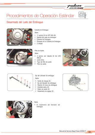 2
1
83
Manual de Servicio Bajaj Pulsar 200NS FI
Procedimientos de Operación Estándar
Retire
Ÿ El rodamiento del liberador del
embrague.
Filtro de Aceite
Retire
Ÿ 2 pernos con reborde (8 mm A/F)
M5x16
Ÿ Junta tórica
Ÿ Tapa del filtro de aceite
Ÿ Filtro de aceite.
Eje del Liberador de embrague
Retire
Ÿ Varilla de empuje (A)
Ÿ Eje del liberador de embrague
Ÿ Resorte (C) (leva de embrague)
Ÿ Arandela plana (D)
Ÿ Retén de aceite (E)
Ÿ Rodamiento de agujas (E)
Cubierta de Embrague
Retire
Ÿ 11 pernos (8 mm A/F) M6 x30
Ÿ Soporte del cable de embrague
Ÿ Cubierta de Embrague
Ÿ Empaque de la Cubierta de Embrague
Ÿ 2 clavijas
B
C
D
E
F A
Desarmado del Lado del Embrague
 