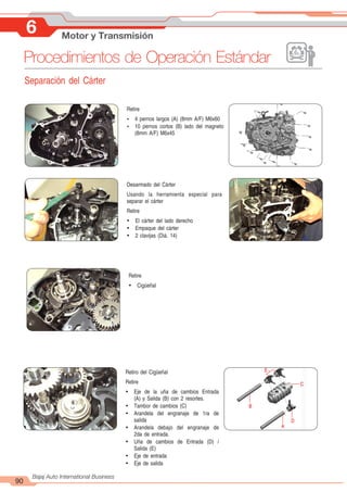 90
Bajaj Auto International Business
6 Motor y Transmisión
Procedimientos de Operación Estándar
Retiro del Cigüeñal
Retire
Ÿ Eje de la uña de cambios Entrada
(A) y Salida (B) con 2 resortes.
Ÿ Tambor de cambios (C)
Ÿ Arandela del engranaje de 1ra de
salida
Ÿ Arandela debajo del engranaje de
2da de entrada.
Ÿ Uña de cambios de Entrada (D) /
Salida (E)
Ÿ Eje de entrada
Ÿ Eje de salida
Desarmado del Cárter
Usando la herramienta especial para
separar el cárter
Retire
Ÿ El cárter del lado derecho
Ÿ Empaque del cárter
Ÿ 2 clavijas (Diá. 14)
Retire
Ÿ Cigüeñal
Retire
Ÿ 4 pernos largos (A) (8mm A/F) M6x60
Ÿ 10 pernos cortos (B) lado del magneto
(8mm A/F) M6x45
A
B
C
D
E
Separación del Cárter
 