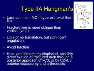 Type IIA Hangman’s Less common; MOI: hyperext, axial then flex Fracture line is more oblique than vertical (vs II) Little or no translation, but significant angulation. Avoid traction Halo, and if markedly displaced, possibly direct fixation of fractured arch through a posterior approach C1-C3, or by C2–C3 anterior discectomy and arthrodesis  