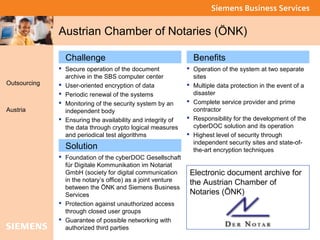 Global network 
of innovation 
Austrian Chamber of Notaries (ÖNK) 
Benefits 
 Operation of the system at two separate 
si...