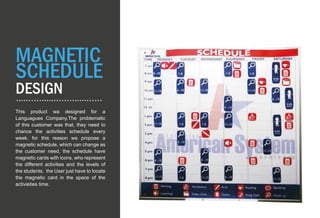 MAGNETIC
SCHEDULE
DESIGN
This product wa designed for a
Languagues Company.The problematic
of this customer was that, they need to
chance the activities schedule every
week. for this reason we propose a
magnetic schedule, which can change as
the customer need, the schedule have
magnetic cards with icons, who represent
the different activities and the levels of
the students. the User just have to locate
the magnetic card in the space of the
activieties time.
 