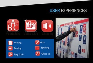 USER EXPERIENCES
Vocabulary
A
BC
Video Club Listening
Writing
Reading
Song Club
Arts
Close up
Speaking
 