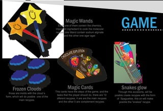 Magic Cards
This cards have the steps of the game, and the
tasks that the player should do. there are 10
diferent recypes, 4 are are the main recypes
and the other 5 are complement recypes.
Through this accesorie, will be
posible create recypes with the form
of Spagueties. this on will make
posible the “snakes” recype.
Snakes glow
those are molds with the cloud´s
form, which will do posible one of the
main recypes.
Frozen Clouds
Each one of them contein the chemics,
important ingrtedient to cook the molecular
recyps. one Wand contain sodium alginate
and the other one agar agar.
Magic Wands
 