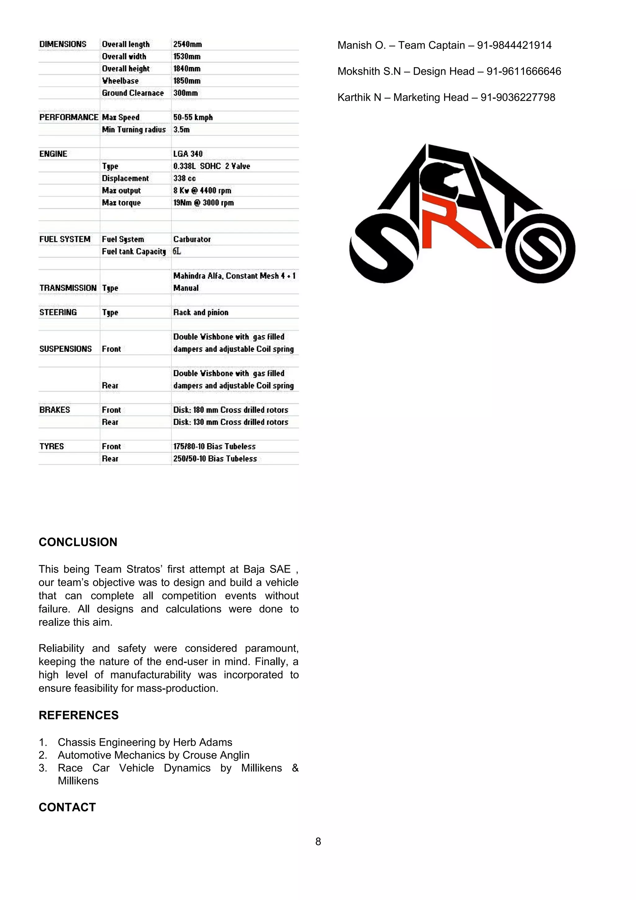 CONCLUSION
This being Team Stratos’ first attempt at Baja SAE ,
our team’s objective was to design and build a vehicle
that can complete all competition events without
failure. All designs and calculations were done to
realize this aim.
Reliability and safety were considered paramount,
keeping the nature of the end-user in mind. Finally, a
high level of manufacturability was incorporated to
ensure feasibility for mass-production.
REFERENCES
1. Chassis Engineering by Herb Adams
2. Automotive Mechanics by Crouse Anglin
3. Race Car Vehicle Dynamics by Millikens &
Millikens
CONTACT
Manish O. – Team Captain – 91-9844421914
Mokshith S.N – Design Head – 91-9611666646
Karthik N – Marketing Head – 91-9036227798
8
 