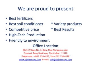 We are proud to present
• Best fertilizers
• Best soil conditioner * Variety products
• Competitive price * Best Results
• High-Tech Production
• Friendly to environment
Office Location
80/14 Village No. 3, Bang-Phai-Nongprao-ngai,
Pimolrat, Bang Buathong, Nonthaburi 11110
Telephone : + 662 158-4127, Fax + 662 158-4128
www.ppintercrop.com E-mail: info@ppintercrop.com
 
