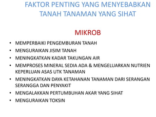 FAKTOR PENTING YANG MENYEBABKAN
TANAH TANAMAN YANG SIHAT
MIKROB
• MEMPERBAIKI PENGEMBURAN TANAH
• MENGURAIKAN JISIM TANAH
• MENINGKATKAN KADAR TAKUNGAN AIR
• MEMPROSES MINERAL SEDIA ADA & MENGELUARKAN NUTRIEN
KEPERLUAN ASAS UTK TANAMAN
• MENINGKATKAN DAYA KETAHANAN TANAMAN DARI SERANGAN
SERANGGA DAN PENYAKIT
• MENGALAKKAN PERTUMBUHAN AKAR YANG SIHAT
• MENGURAIKAN TOKSIN
 