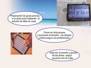 Adecuar el tamaño y grosor
de las letras según
acuerdo con él o ella.
Poner en tinta gruesa
y aumentar el tamaño, los dibujos
y letras.segun sus preferencias
Preparación de guías previas
a la clase para adelantar el
estudio de ellas en casa
 