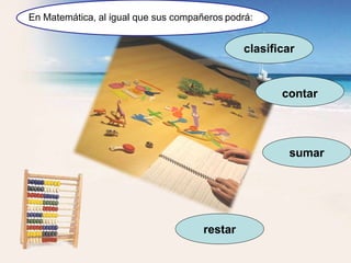 clasificar
contar
sumar
restar
En Matemática, al igual que sus compañeros podrá:
 