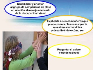 Preguntar si quiere
y necesita ayuda
Sensibilizar y orientar
al grupo de compañeros de clase
en relación al manejo adecuado
de la discapacidad visual
Explicarle a sus compañeros que
puede conocer las cosas que le
muestran acercándolas
y describiéndole cómo son
 