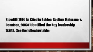 Stogdill (1974, As Cited in Bolden, Gosling, Maturano, &
Dennison, 2003) identified the key leadership
traits. See the following table:
 