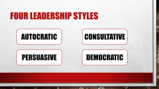 FOUR LEADERSHIP STYLES
AUTOCRATIC
PERSUASIVE
CONSULTATIVE
DEMOCRATIC
 