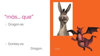 “más... que”
○ Dragon es más grande
que Donkey.
○ Donkey es más
romántico que Dragon.