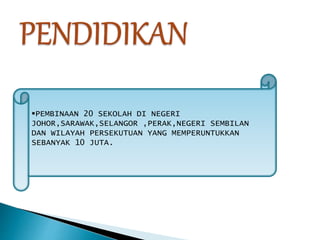 PEMBINAAN 20 SEKOLAH DI NEGERI 
JOHOR,SARAWAK,SELANGOR ,PERAK,NEGERI SEMBILAN 
DAN WILAYAH PERSEKUTUAN YANG MEMPERUNTUKKAN 
SEBANYAK 10 JUTA. 
 