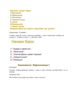 Четвртикорак: "Стрипићи! „
Ученици користећи машту смишљају стрипобајку о неком измишљеном догађају или
догађај из стварности облаче у кошуљицу бајке.:
Петикорак:
Ученици у бајкама проналазе симболе и пишу о њима , неколико реченица. Могу и да их
нацртају.
На пример: Паун
Због необично лепог перја он је симбол лепоте и охолости
 