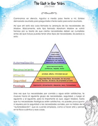 171
Caminamos en silencio, Agustus a medio paso frente a mí. Estaba
demasiado asustada para preguntarle si tenía razón para estar asustada.
Así que ahí está esa cosa llamada la Jerarquía de las necesidades de
Maslow. Básicamente, este tipo llamado Abraham Maslow se volvió
famoso por su teoría de que ciertas necesidades deben ser cumplidas
antes de que incluso puedas tener otros tipos de necesidades. Se parece a
esto:
Una vez que tus necesidades por comida y agua están satisfechas, te
mueves hacia el siguiente grupo de necesidades, seguridad, y luego al
siguiente y al siguiente, pero lo importante es que, según Maslow, hasta
que tus necesidades fisiológicas estén satisfechas, no puedes preocuparte
ni siquiera por la seguridad o las necesidades sociales, por no hablar de la
“autorrealización”, que es cuando empiezas, como a hacer arte y pensar
en la física cuántica y esas cosas.
 