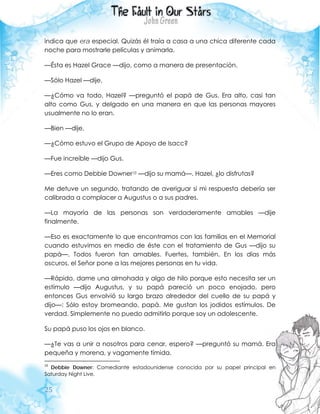 25
indica que era especial. Quizás él traía a casa a una chica diferente cada
noche para mostrarle películas y animarla.
—Ésta es Hazel Grace —dijo, como a manera de presentación.
—Sólo Hazel —dije.
—¿Cómo va todo, Hazel? —preguntó el papá de Gus. Era alto, casi tan
alto como Gus, y delgado en una manera en que las personas mayores
usualmente no lo eran.
—Bien —dije.
—¿Cómo estuvo el Grupo de Apoyo de Isacc?
—Fue increíble —dijo Gus.
—Eres como Debbie Downer10 —dijo su mamá—. Hazel, ¿lo disfrutas?
Me detuve un segundo, tratando de averiguar si mi respuesta debería ser
calibrada a complacer a Augustus o a sus padres.
—La mayoría de las personas son verdaderamente amables —dije
finalmente.
—Eso es exactamente lo que encontramos con las familias en el Memorial
cuando estuvimos en medio de éste con el tratamiento de Gus —dijo su
papá—. Todos fueron tan amables. Fuertes, también. En los días más
oscuros, el Señor pone a las mejores personas en tu vida.
—Rápido, dame una almohada y algo de hilo porque esto necesita ser un
estímulo —dijo Augustus, y su papá pareció un poco enojado, pero
entonces Gus envolvió su largo brazo alrededor del cuello de su papá y
dijo—: Sólo estoy bromeando, papá. Me gustan los jodidos estímulos. De
verdad. Simplemente no puedo admitirlo porque soy un adolescente.
Su papá puso los ojos en blanco.
—¿Te vas a unir a nosotros para cenar, espero? —preguntó su mamá. Era
pequeña y morena, y vagamente tímida.
10
Debbie Downer: Comediante estadounidense conocida por su papel principal en
Saturday Night Live.
 