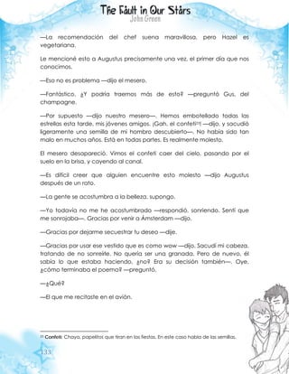 133
—La recomendación del chef suena maravillosa, pero Hazel es
vegetariana.
Le mencioné esto a Augustus precisamente una vez, el primer día que nos
conocimos.
—Eso no es problema —dijo el mesero.
—Fantástico. ¿Y podría traernos más de esto? —preguntó Gus, del
champagne.
—Por supuesto —dijo nuestro mesero—. Hemos embotellado todas las
estrellas esta tarde, mis jóvenes amigos. ¡Gah, el confeti23! —dijo, y sacudió
ligeramente una semilla de mi hombro descubierto—. No había sido tan
malo en muchos años. Está en todas partes. Es realmente molesto.
El mesero desapareció. Vimos el confeti caer del cielo, pasando por el
suelo en la brisa, y cayendo al canal.
—Es difícil creer que alguien encuentre esto molesto —dijo Augustus
después de un rato.
—La gente se acostumbra a la belleza, supongo.
—Yo todavía no me he acostumbrado —respondió, sonriendo. Sentí que
me sonrojaba—. Gracias por venir a Ámsterdam —dijo.
—Gracias por dejarme secuestrar tu deseo —dije.
—Gracias por usar ese vestido que es como wow —dijo. Sacudí mi cabeza,
tratando de no sonreírle. No quería ser una granada. Pero de nuevo, él
sabía lo que estaba haciendo, ¿no? Era su decisión también—. Oye,
¿cómo terminaba el poema? —preguntó.
—¿Qué?
—El que me recitaste en el avión.
23 Confeti: Chaya, papelitos que tiran en las fiestas. En este caso habla de las semillas.
 