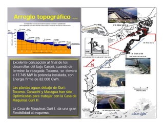Arreglo topográfico …
                                                                                   CH MACAGUA




                                                                                                                 CH MACAGUA




                                                                                                 CH CARUACHI

                                           ALIVIADEROS TÍPICO CARUACHI Y MACAGUA                UBICACIÓN CH CARUACHI




Excelente concepción al final de los
desarrollos del bajo Caroní, cuando de                N
termine la rezagada Tocoma, se elevará
                      Tocoma,
a 17.745 MW la potencia instalada, con
  17.
Energía firme de 82.000 GWh.
                  82.    GWh.

Las plantas ag as debajo de Guri:
            aguas           Guri
                            G i:                                 FUTURA UBICACIÓN CH TOCOMA



Tocoma,
Tocoma, Caruachi y Macagua han sido         CH TOCOMA                                                   ESCALA (Km)



Optimizadas para trabajar con la Casa de
Maquinas Guri II.
              II.

La Casa de Maquinas Guri I, da una gran    CAÑON DE
                                           NECUIMA                  CH SIMON BOLIVAR - GURI

Flexibilidad al esquema.
                esquema.                                 CH GURI                                  LAGO GURI
 