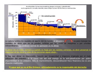 En construcción




La cadena turbina los caudales de aporte del río Caroní, el aliviadero es para manejar los
caudales de alivio que no se pueden turbinar por las casas de maquinas o por crecidas
extraordinarias.
extraordinarias. La condición normal de operación es no aliviar.
                                                         aliviar.

El aliviar no es malo, siempre y cuando se haga por las razones correctas, es decir preservar la
seguridad de las obras y vidas de las personas aguas abajo…
                                                     abajo…

Si hay que aliviar es inexcusable, hacerlo por incapacidad e impericia originada por el mala
utilización del embalse. Si la causa raíz del mal manejo es la anti-planificación por pobre
                  embalse.                                       anti-
disponibilidad d l unidades, f lt d mantenimiento, d
di      ibilid d de las id d  falta de   t i i t descoordinación fí i fi
                                                           di  ió físico financiera eso es una
                                                                               i
situación inadmisible.
            inadmisible.

    El agua que se va al Río Orinoco, ultimadamente es la responsable del derroche.
                                                                          derroche.
 