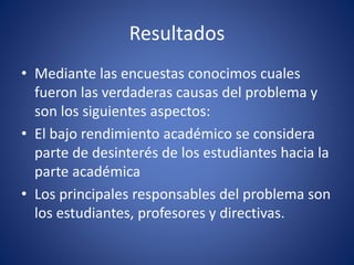 Resultados
• Mediante las encuestas conocimos cuales
fueron las verdaderas causas del problema y
son los siguientes aspectos:
• El bajo rendimiento académico se considera
parte de desinterés de los estudiantes hacia la
parte académica
• Los principales responsables del problema son
los estudiantes, profesores y directivas.
 