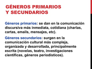 GÉNEROS PRIMARIOS
Y SECUNDARIOS
Géneros primarios: se dan en la comunicación
discursiva más inmediata, cotidiana (charlas,
cartas, emails, mensajes, etc).
Géneros secundarios: surgen en la
comunicación cultural más compleja,
organizada y desarrollada, principalmente
escrita (novelas, teatro, investigaciones
científicas, géneros periodísticos).
 