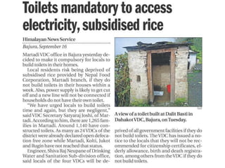 Toilets mandatory to access electricity, subsidised rice