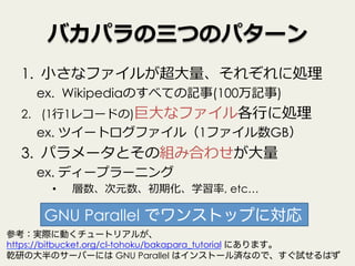 バカパラの三つのパターン
1.  ⼩さなファイルが超⼤量、それぞれに処理
ex. Wikipediaのすべての記事(100万記事)
2.  (1⾏1レコードの)巨⼤なファイル各⾏に処理
ex. ツイートログファイル（1ファイル数GB）
3.  パラメータとその組み合わせが⼤量
ex. ディープラーニング
•  層数、次元数、初期化、学習率, etc…
GNU Parallel でワンストップに対応
5
参考：実際に動くチュートリアルが、
https://bitbucket.org/cl-tohoku/bakapara_tutorial にあります。
乾研の大半のサーバーには GNU Parallel はインストール済なので、すぐ試せるはず
 