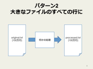 パターン2
⼤きなファイルのすべての⾏に
8
original.txt
(100万行)
processed.txt
(100万行)何かの処理
 