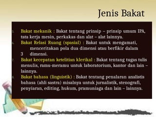 Jenis Bakat
5. Bakat mekanik : Bakat tentang prinsip – prinsip umum IPA,
tata kerja mesin, perkakas dan alat – alat lainnya.
6. Bakat Relasi Ruang (spasial) : Bakat untuk mengamati,
menceritakan pola dua dimensi atau berfikir dalam
3 dimensi.
7. Bakat kecepatan ketelitian klerikal : Bakat tentang tugas tulis
menulis, ramu-meramu untuk laboratorium, kantor dan lain –
lainnya.
8. Bakat bahasa (linguistik) : Bakat tentang penalaran analistis
bahasa (ahli sastra) misalnya untuk jurnalistik, stenografi,
penyiaran, editing, hukum, pramuniaga dan lain – lainnya.
 