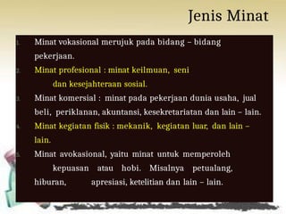 Jenis Minat
1. Minat vokasional merujuk pada bidang – bidang
pekerjaan.
2. Minat profesional : minat keilmuan, seni
dan kesejahteraan sosial.
3. Minat komersial : minat pada pekerjaan dunia usaha, jual
beli, periklanan, akuntansi, kesekretariatan dan lain – lain.
4. Minat kegiatan fisik : mekanik, kegiatan luar, dan lain –
lain.
5. Minat avokasional, yaitu minat untuk memperoleh
kepuasan atau hobi. Misalnya petualang,
hiburan, apresiasi, ketelitian dan lain – lain.
 