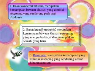 1. Bakat akademik khusus, merupakan
kemampuan bawaan khusus yang dimiliki
seseorang yang cenderung pada arah
akademis
2. Bakat kreatif produktif, merupakan
kemampuan bawaan khusus seseorang
yang mampu berkarya dan menciptakan
sesuatu yang baru
3. Bakat seni, merupakan kemampuan yang
dimiliki seseorang yang cenderung kearah
hiburan atau seni
 