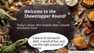 Welcome to the
Showstopper Round!
Today’s recipe: BU’s Godzilla Mass Casualty
Simulation Event
A blend of real-world
skills, a touch of fun, and
just the right amount of
drama
AI image generated with Adobe
 