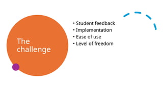 The
challenge
• Student feedback
• Implementation
• Ease of use
• Level of freedom
 