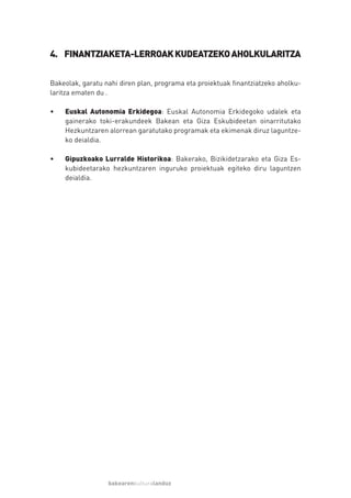 4. FINANTZIAKETA-LERROAK KUDEATZEKO AHOLKULARITZA


Bakeolak, garatu nahi diren plan, programa eta proiektuak finantziatzeko aholku-
laritza ematen du .

•   Euskal Autonomia Erkidegoa: Euskal Autonomia Erkidegoko udalek eta
    gainerako toki-erakundeek Bakean eta Giza Eskubideetan oinarritutako
    Hezkuntzaren alorrean garatutako programak eta ekimenak diruz laguntze-
    ko deialdia.

•   Gipuzkoako Lurralde Historikoa: Bakerako, Bizikidetzarako eta Giza Es-
    kubideetarako hezkuntzaren inguruko proiektuak egiteko diru laguntzen
    deialdia.




                  bakearenkulturalanduz
 