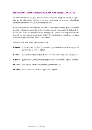 BIZIKIDETZA ETA GIZA ESKUBIDEEN ARLOKO PLAN INTEGRALAK EGITEA

Udalen bizikidetzari eta giza eskubideei buruzko plan integrala lan-apustu poli-
tiko bat da, toki-mailan bizikidetza eta giza eskubideak era ordenatu, planifikatu
eta berariazkoan hobetu, bultzatu eta garatzeko.

Helburu nagusia da tokian tokiko bizikidetza lortu eta hobetzea, giza eskubideen
zinezko errespetuan oinarriturik. Horretarako, planak honako elementu hauek ja-
sotzen ditu: plana beraren eginkizuna, ikuspegia eta balioak; estrategia-ildoak; he-
lburuak eta aurrera eramango diren jarduerak; eta ebaluazio-irizpideak, egindako
lanak zer eragin izan duen neurtu ahal izateko.

Laburbilduta, plan baten ziklo osoa hau da:

0. fasea: bizikidetzaren eta Giza Eskubideen inguruko beharrizanei eta egoerari
          buruzko diagnostikoa egitea.

I. fasea:   bizikidetzari eta Giza Eskubideei buruzko plana diseinatu eta taxutzea.

II. fasea: gizarteratzea, kontrastatzea eta planaren antolamendu-egitura eratzea.

III. fasea: urte bateko edo biko kudeaketa-planak taxutzea.

IV. fasea: abian jartzea eta ebaluazio jarraitua egitea.




                    bakearenkulturalanduz
 