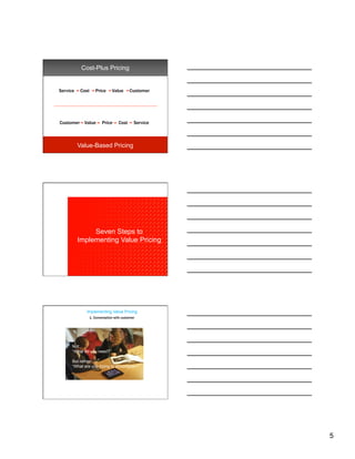 Cost-Plus Pricing


Service    Cost      Price      Value      Customer




Customer Value            Price     Cost      Service



          Value-Based Pricing




               Seven Steps to
          Implementing Value Pricing




             Implementing Value Pricing
                  1. Conversation with customer




      Not:
      “What do you need?”

      But rather:
      “What are you trying to accomplish?”




                                                        5
 