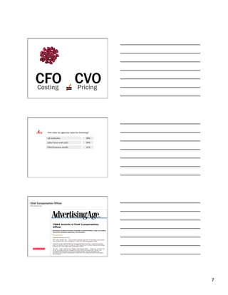 AAAA PRICING PRACTICES SURVEY




     CFO CVO
     Costing Pricing              =


                How often do agencies track the following?




Chief Compensation Officer
Neal Grossman




                                                             7
 