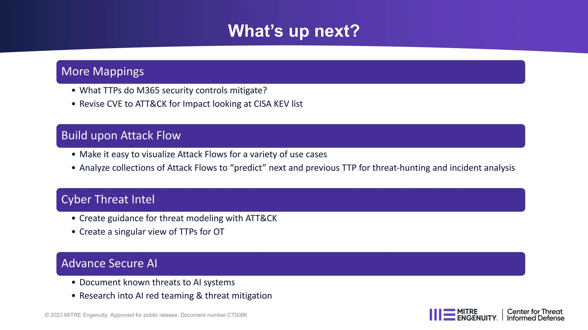 More Mappings
• What TTPs do M365 security controls mitigate?
• Revise CVE to ATT&CK for Impact looking at CISA KEV list
Build upon Attack Flow
• Make it easy to visualize Attack Flows for a variety of use cases
• Analyze collections of Attack Flows to “predict” next and previous TTP for threat-hunting and incident analysis
Cyber Threat Intel
• Create guidance for threat modeling with ATT&CK
• Create a singular view of TTPs for OT
Advance Secure AI
• Document known threats to AI systems
• Research into AI red teaming & threat mitigation
What’s up next?
© 2023 MITRE Engenuity. Approved for public release. Document number CT0086
 