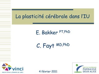 La plasticité cérébrale dans l’IU


         E. Bakker         PT,PhD



         C. Fayt       MD,PhD




          4 février 2011            1
 