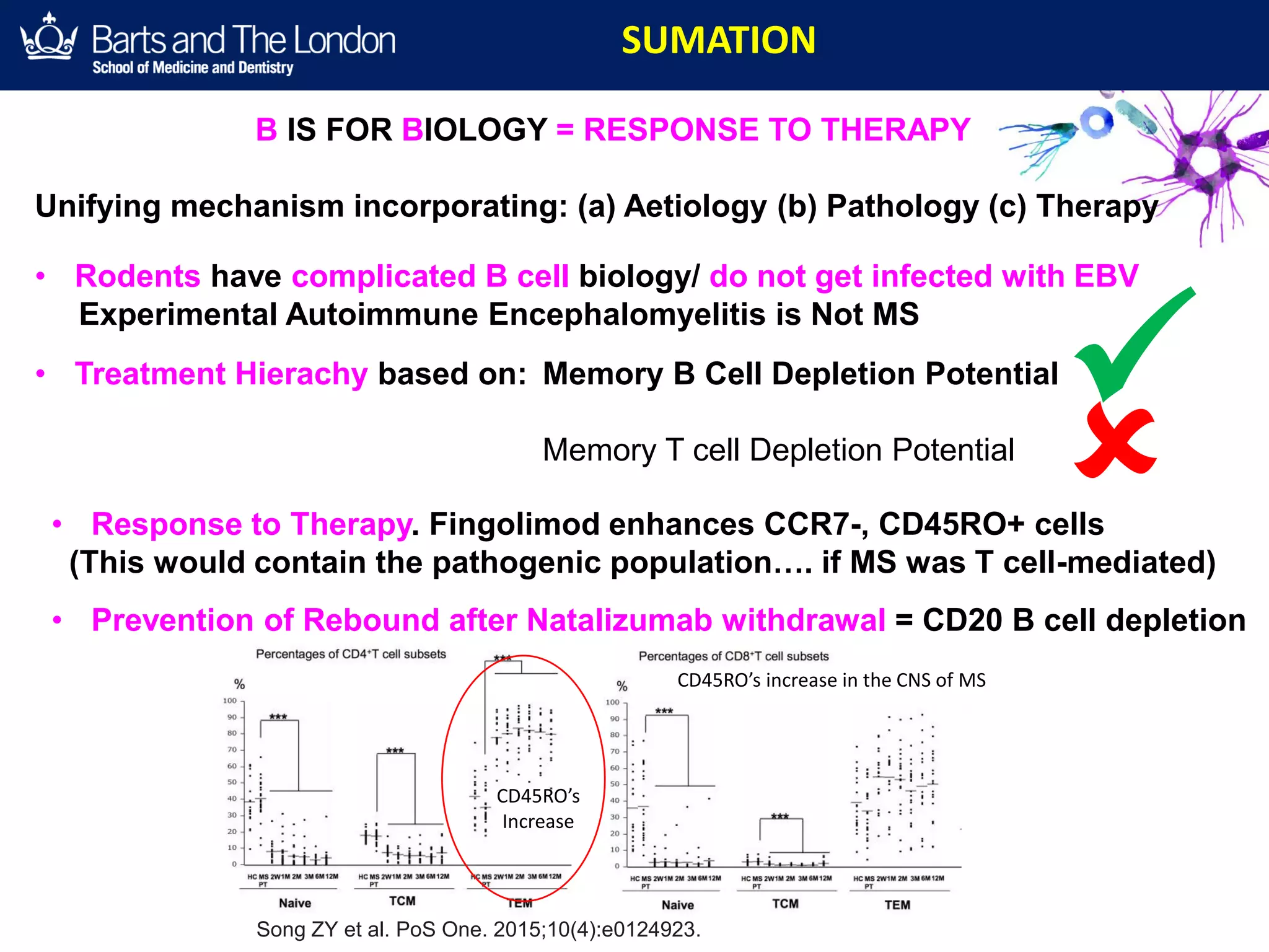SUMATION
B IS FOR BIOLOGY = RESPONSE TO THERAPY
Unifying mechanism incorporating: (a) Aetiology (b) Pathology (c) Therapy

• Rodents have complicated B cell biology/ do not get infected with EBV
Experimental Autoimmune Encephalomyelitis is Not MS
• Treatment Hierachy based on: Memory B Cell Depletion Potential
Memory T cell Depletion Potential
• Response to Therapy. Fingolimod enhances CCR7-, CD45RO+ cells
(This would contain the pathogenic population…. if MS was T cell-mediated)
Song ZY et al. PoS One. 2015;10(4):e0124923.
CD45RO’s
Increase
CD45RO’s increase in the CNS of MS
• Prevention of Rebound after Natalizumab withdrawal = CD20 B cell depletion
 
