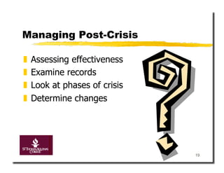 Managing Post-Crisis

  Assessing effectiveness
  Examine records
  Look at phases of crisis
  Determine changes




                              19
 