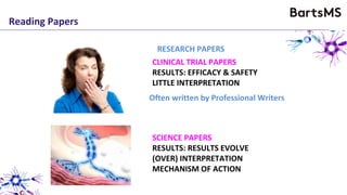 Reading Papers
CLINICAL TRIAL PAPERS
RESULTS: EFFICACY & SAFETY
LITTLE INTERPRETATION
SCIENCE PAPERS
RESULTS: RESULTS EVOLVE
(OVER) INTERPRETATION
MECHANISM OF ACTION
RESEARCH PAPERS
Often written by Professional Writers
 
