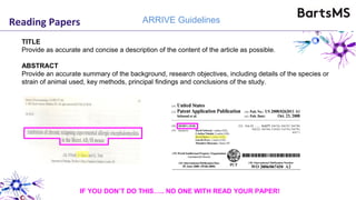 Reading Papers
TITLE
Provide as accurate and concise a description of the content of the article as possible.
ABSTRACT
Provide an accurate summary of the background, research objectives, including details of the species or
strain of animal used, key methods, principal findings and conclusions of the study.
IF YOU DON’T DO THIS….. NO ONE WITH READ YOUR PAPER!
ARRIVE Guidelines
 